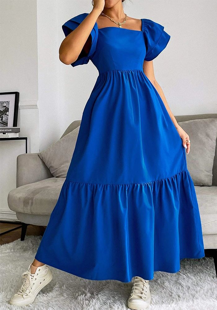Robe Femme à Volants Sans Épaules à Manches Volantes Unies