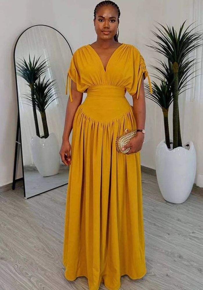 Robe Longue Africaine à Taille Haute Élastique à Manches en V pour Femmes