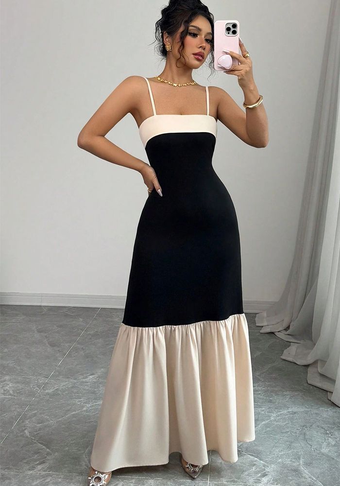 Robe Plissée à Bretelles Contrastées pour Femmes