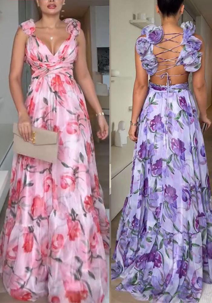 Robe de vacances plissée à imprimé en chiffon à volants printemps/été pour femmes