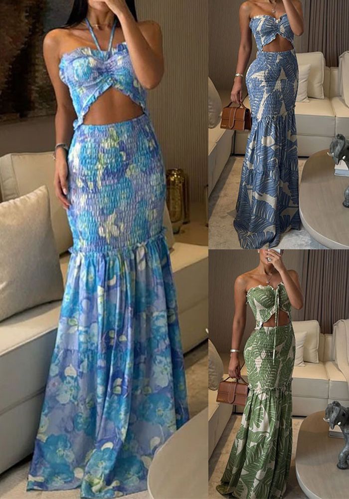 Robe de vacances décontractée à col halter imprimé plissé printemps/été pour femmes