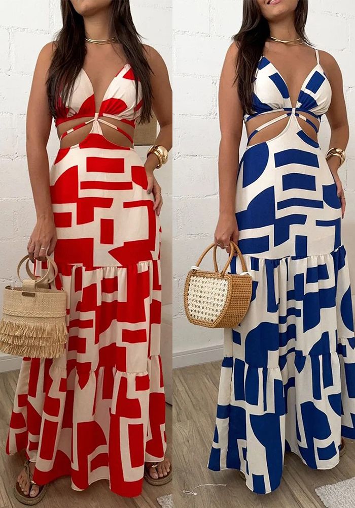 Robe longue à dos nu en dentelle à lacets imprimé été