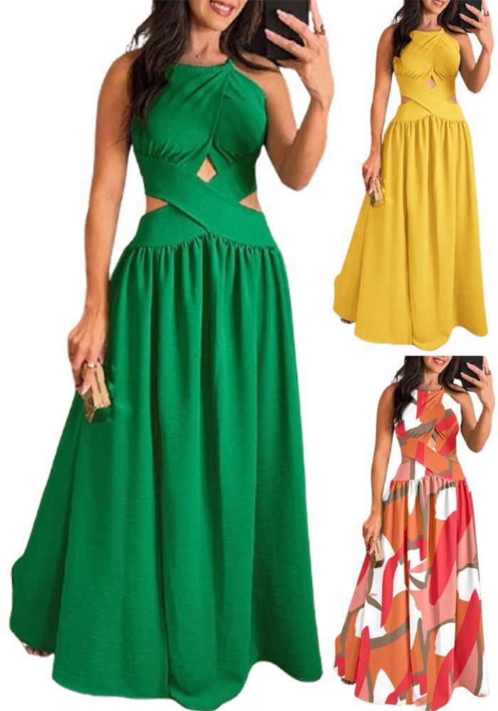 Robe Maxi Sans Manches Taille Haute Dos Nu Avec Lacets Pour Femmes