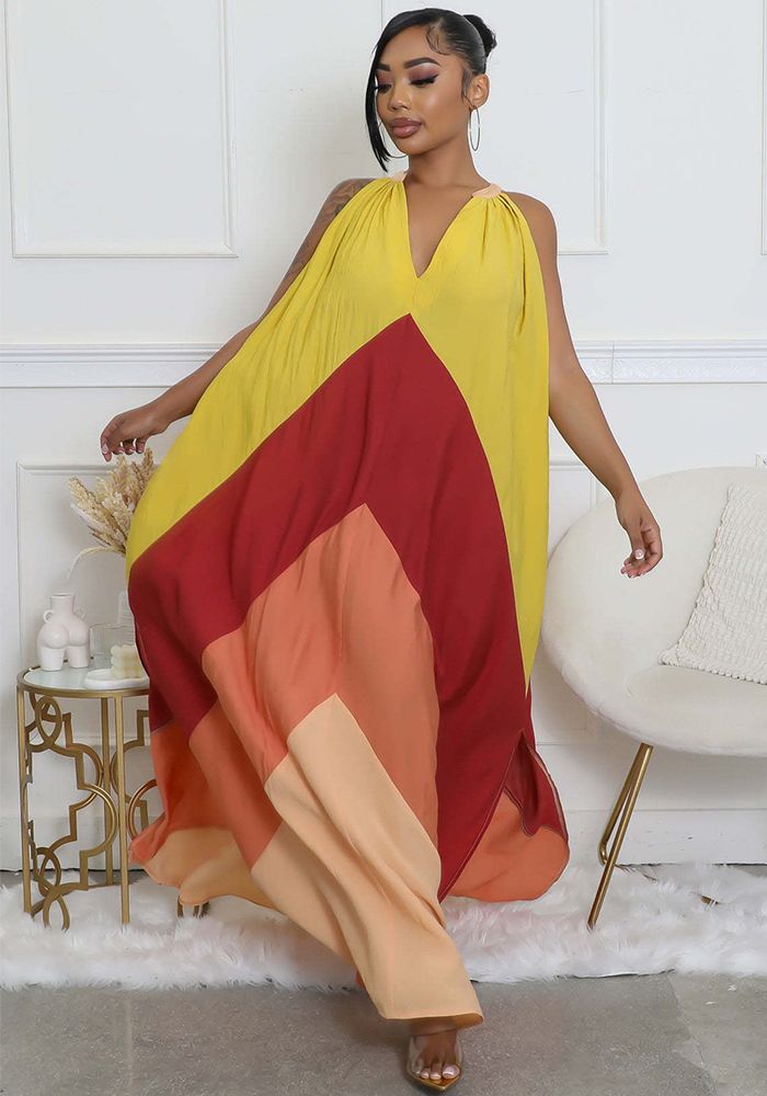 Robe d'été sans manches à col en V pour femmes avec contraste