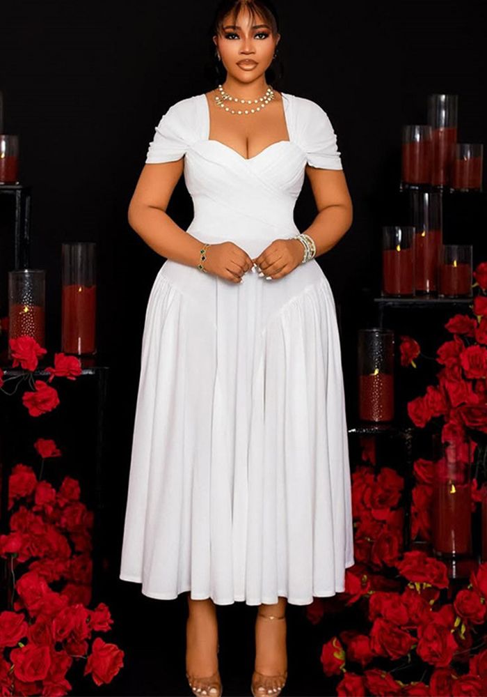 Robe longue formelle à manches courtes en V plissée unie pour femmes élégante
