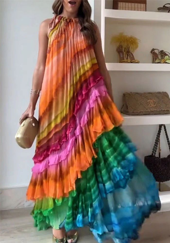 Robe à volants en tulle sans manches avec imprimé tendance
