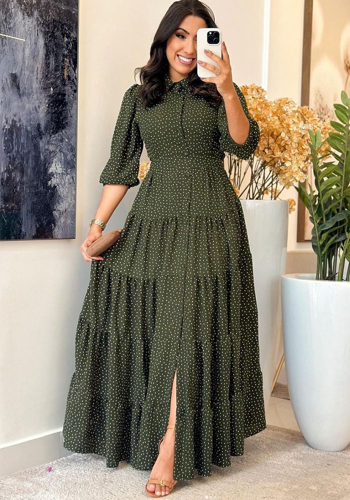 Robe longue d'été décontractée à manches courtes à pois