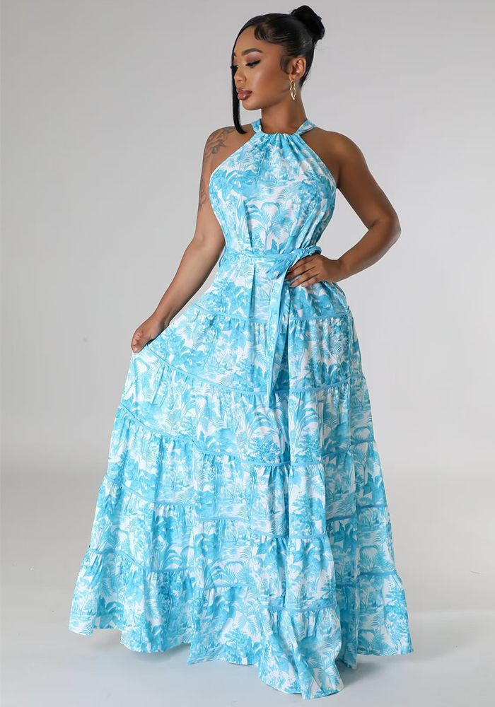 Robe Maxi A-ligne Imprimée à Col Halter