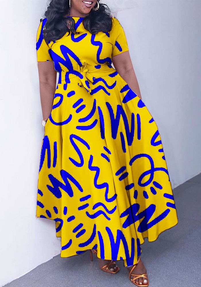 Robe A-ligne à Manches Courtes avec Ceinture Imprimé Africain pour Femme