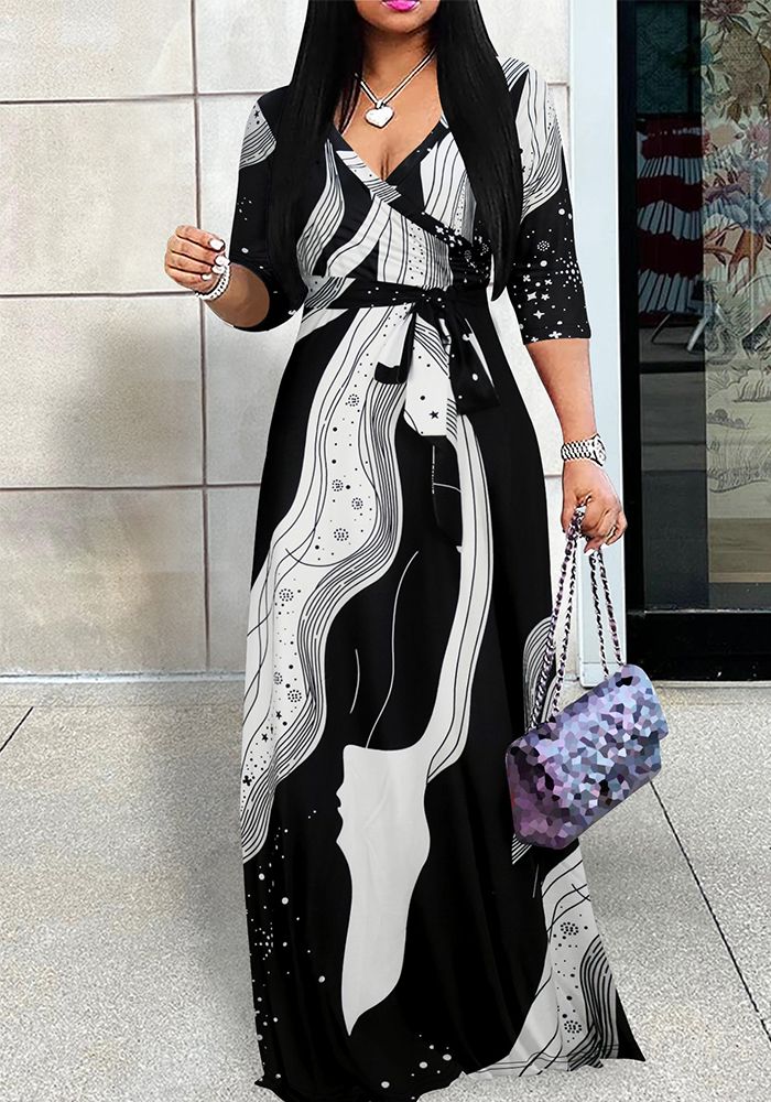Robe Longue Décontractée Élégante à Manches Mi-Longues et Col V pour Femmes Printemps Été & Automne