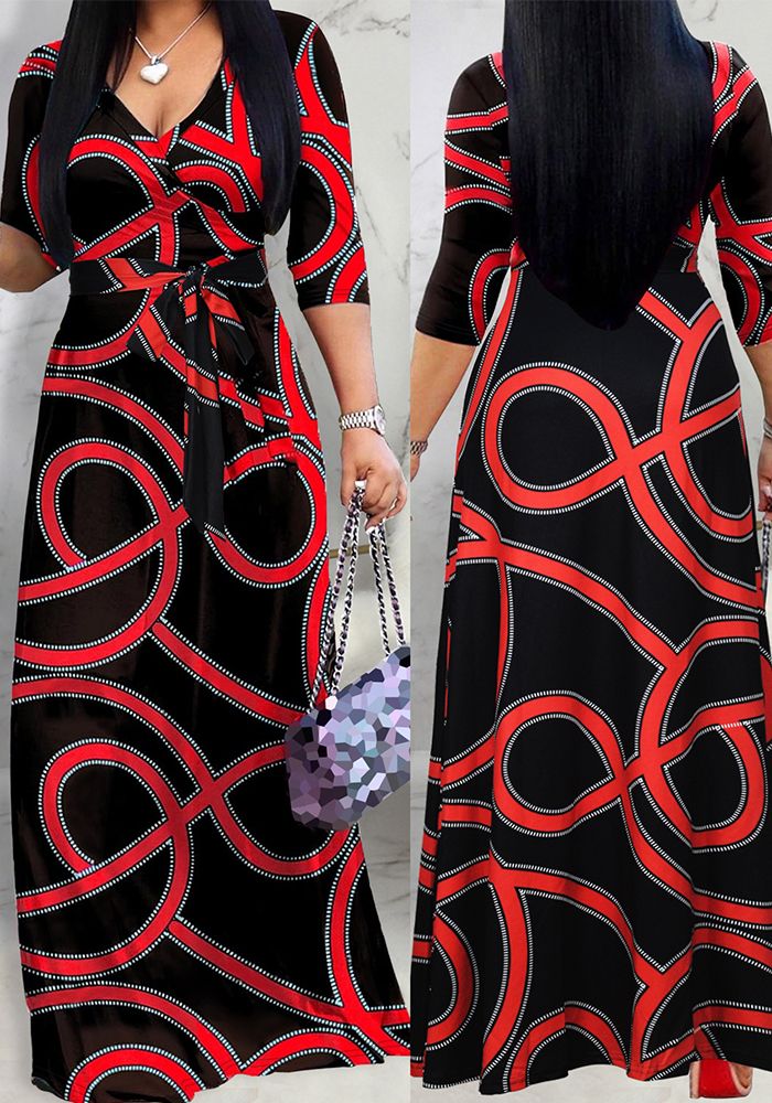 Robe Maxi Élégante à Enveloppe V-Neck à Manches Mi-Longues Imprimée pour Femmes Printemps & Automne