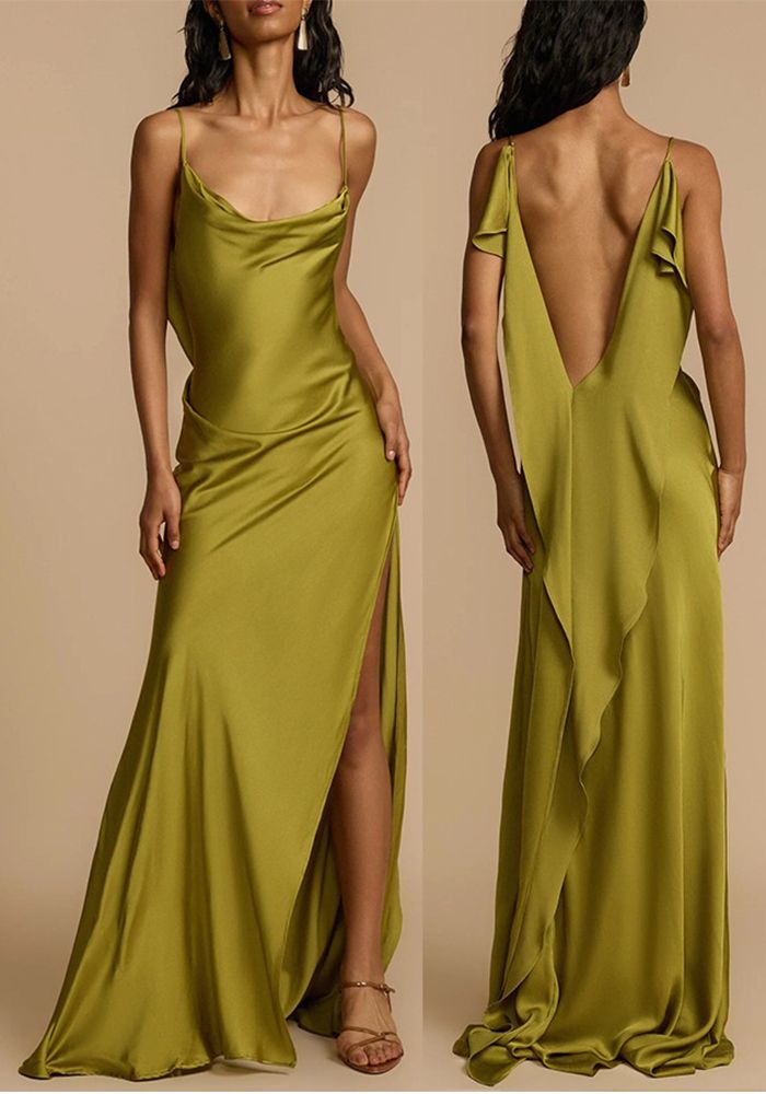 Robe Décontractée Sans Dos à Bretelles Fendue Printemps/Été en Satin