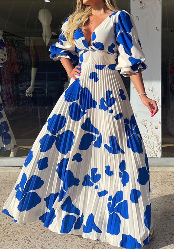 Robe Maxi Imprimée à Manches Mi-Longues et Col V pour Femmes d'Été