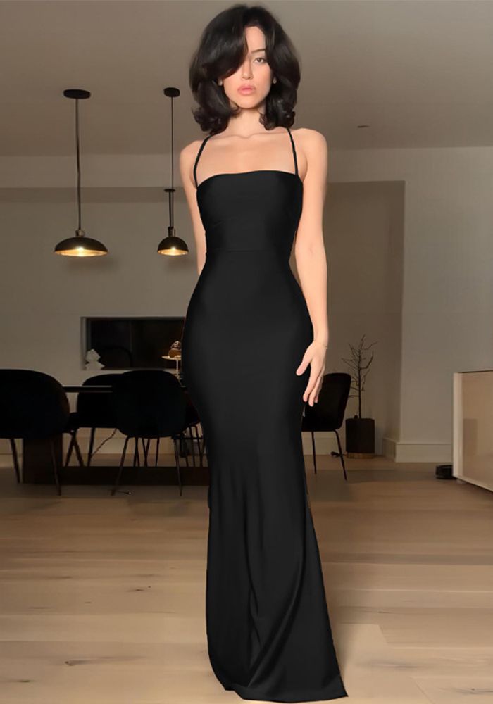 Robe longue slim à dos nu à bretelles unies pour femmes - Printemps