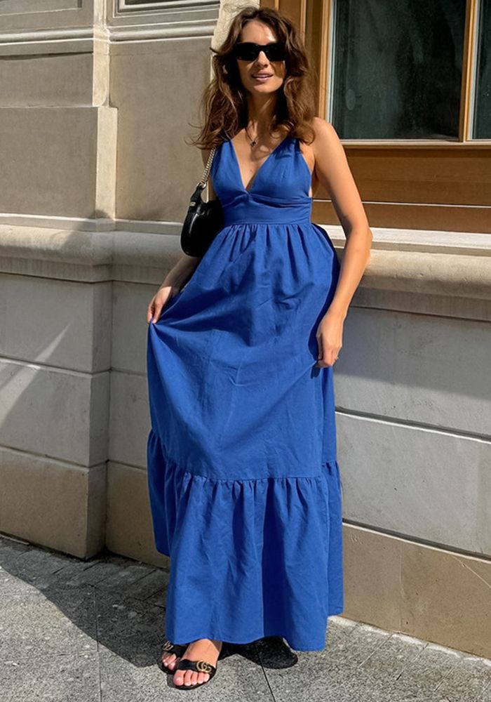 Robe Longue Bleu à Encolure en V à Bretelles et Dos Nu Style Printemps Été