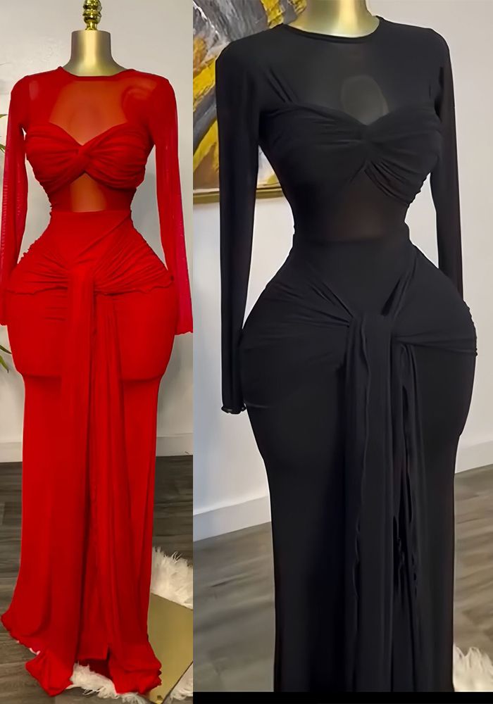 Robe Longue Ajustée à Manches Longues et Col Rond pour Femmes - Printemps
