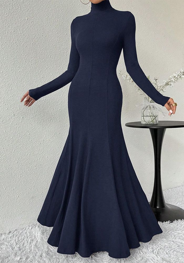 Robe Longue Chic Slim à Col Montant pour Femmes Automne et Hiver