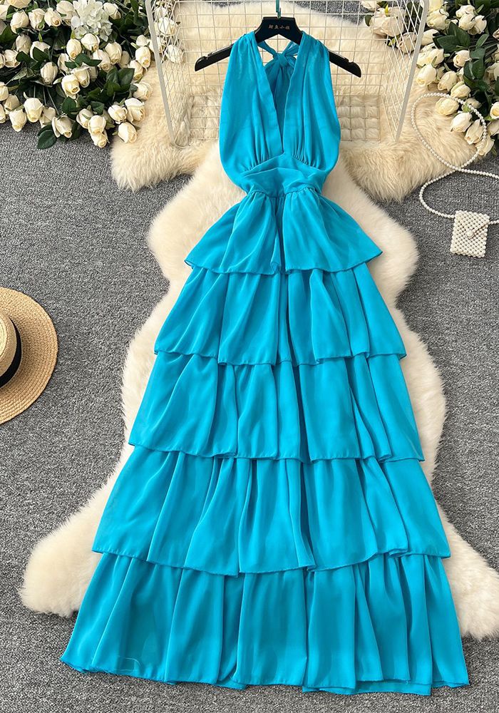 Robe longue d'été à décolleté en V profond, col halter, lacée, sans manches, à volants, pour femmes, taille fine, vacances