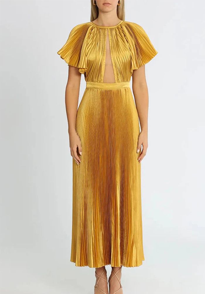 Robe de Soirée Femme Formelle à Manches Volantes en Col Rond Uni