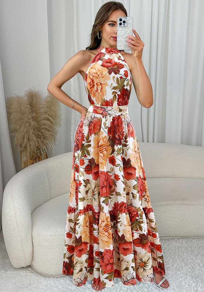 Robe Longue Chic Sans Manches à Col Halter Imprimé Fleurs pour Femmes d'Été