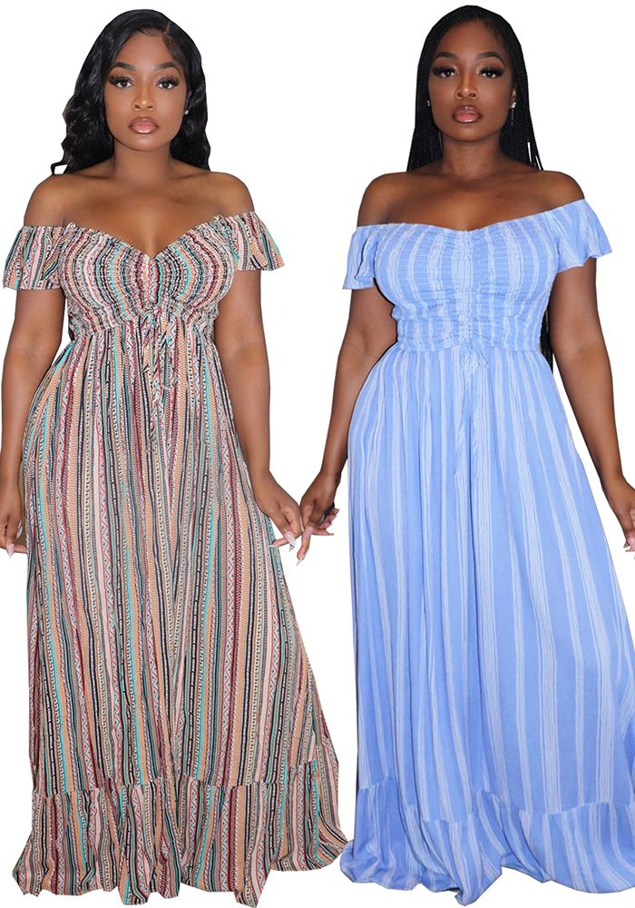 Robe Femme Printemps Été Rayée Off Shoulder Avec Lacets