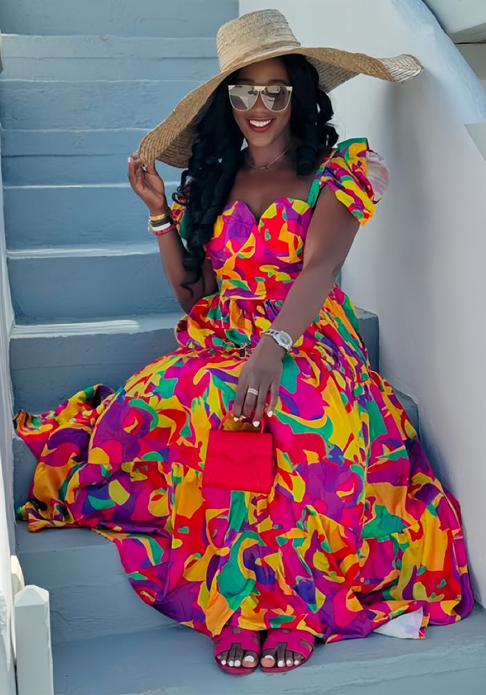 Robe longue plissée à manches courtes bouffantes pour femmes, imprimé assorti de printemps, taille slim