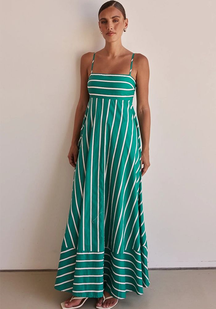 Robe longue A-Line à taille haute avec bretelles rayées à la mode