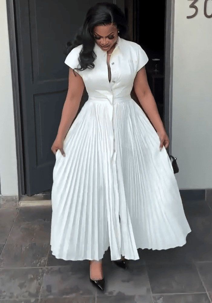 Robe Chemise Plissée à Manches Courtes pour Femmes