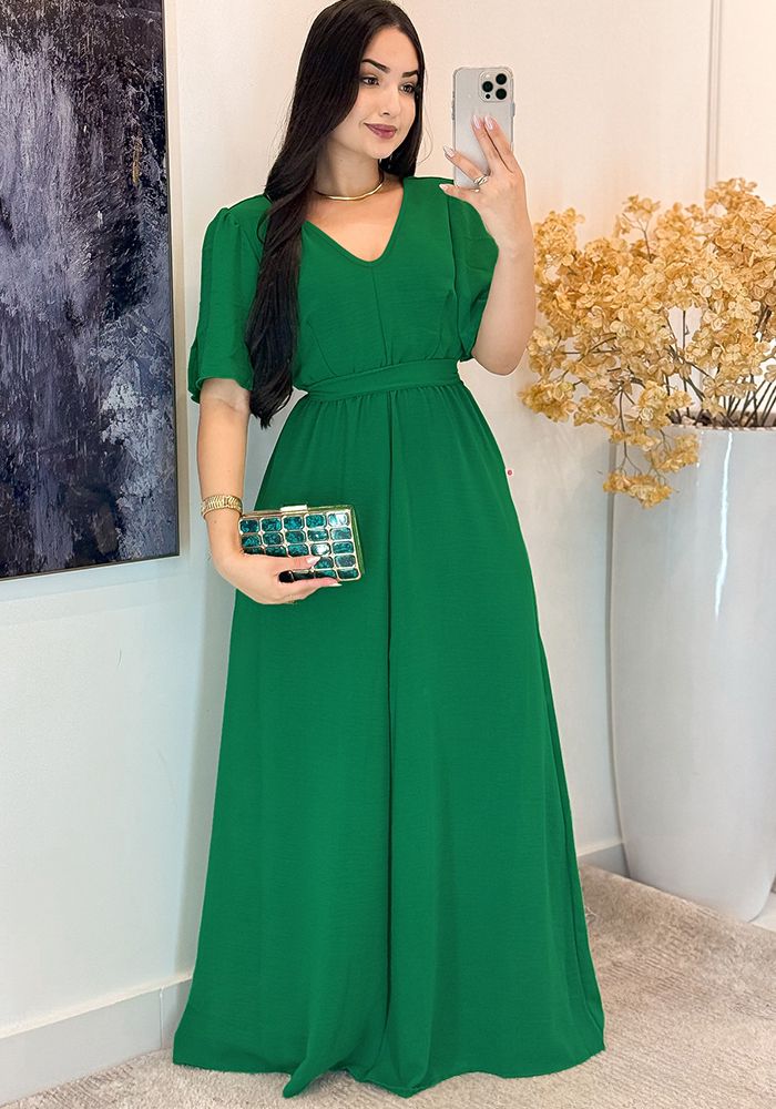 Robe Longue Élégante Verte à Col Rond, Taille Haute, Ceinture et Manches Courtes