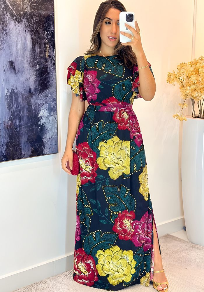 Robe Longue à Fleurs Chic avec Volants, Manches Courtes, Taille Haute, Ceinture et Fente Latérale
