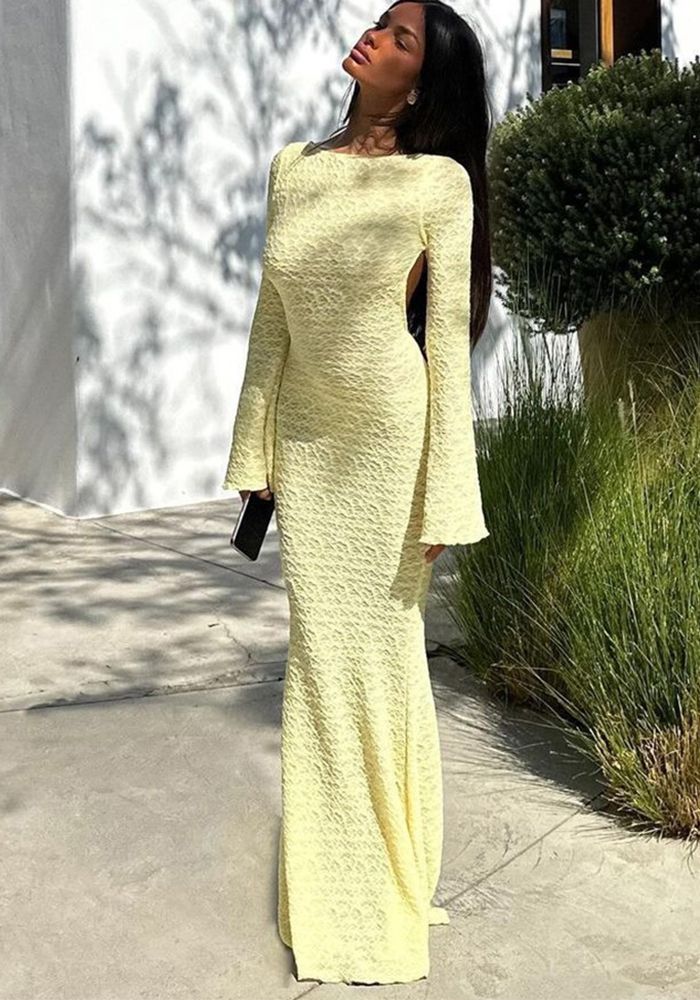 Robe Longue à Manches Longues Sans Dos avec Lacets pour Femmes en Automne