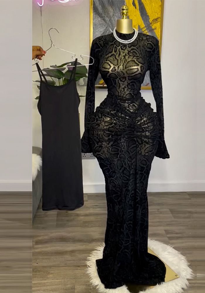 Robe Bodycon Longue à Manches Longues en Dentelle à Col Montant Élevé pour Femmes