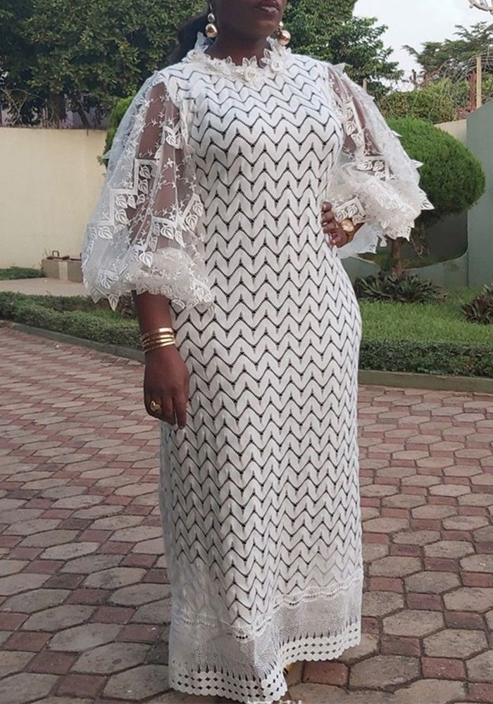 Robe Longue Femme Grande Taille en Dentelle Patchwork Printemps Été