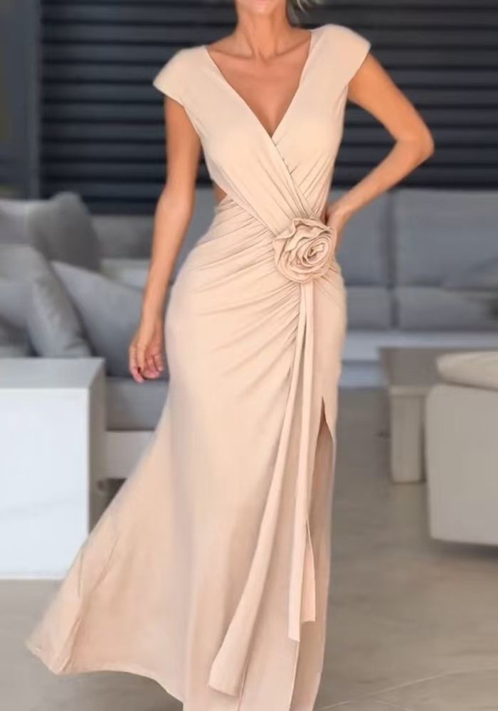 Robe de Soirée Élégante Chic Sans Manches à Encolure en V avec Fente et Taille Slim pour Femme