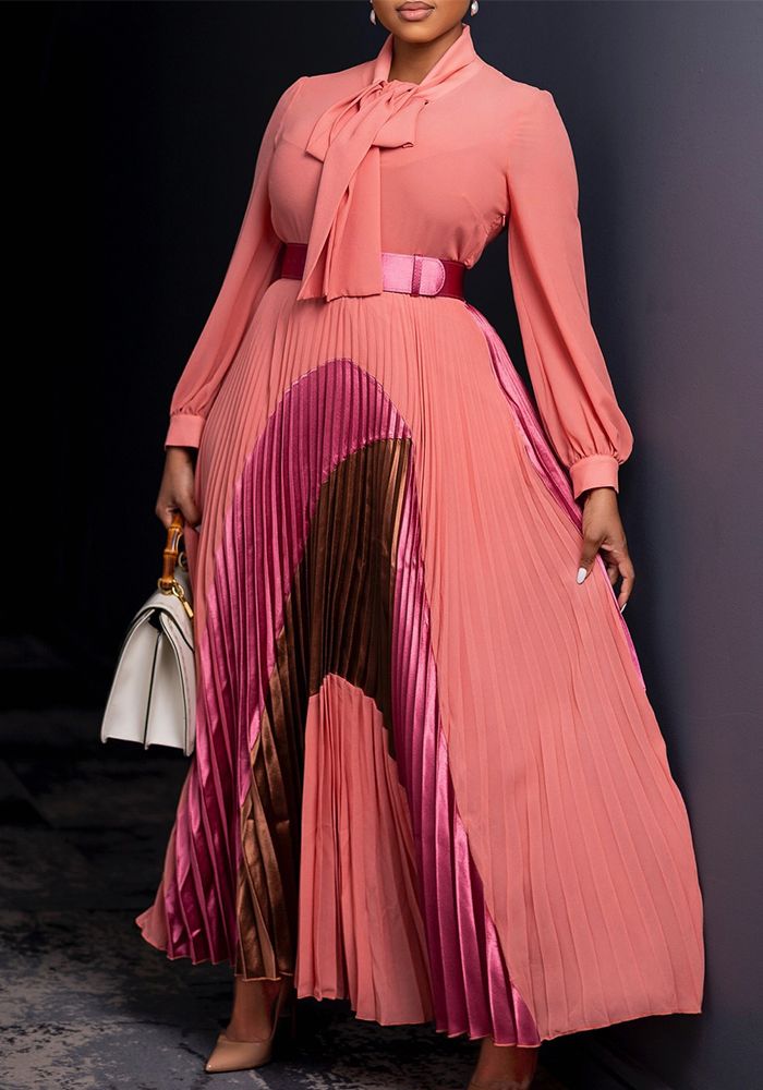 Robe Longue à Manches Longues Colorblock à Lacets pour Femmes Grande Taille Automne