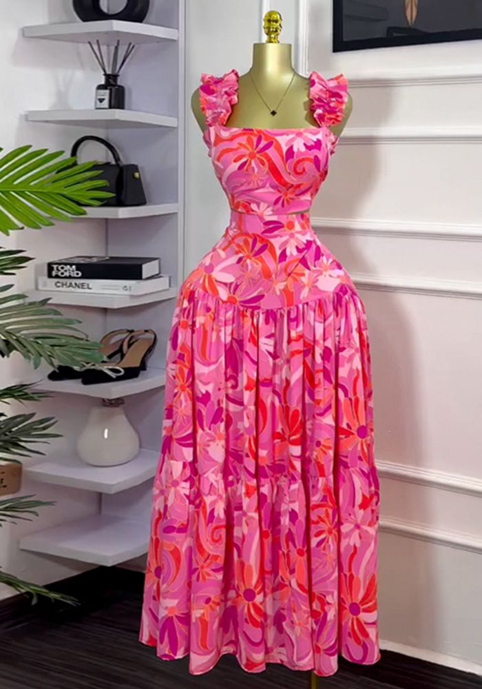 Ensemble Deux Pièces Femme Printemps Imprimé Débardeur Court Jupe Évasée Taille Haute Mode Décontractée