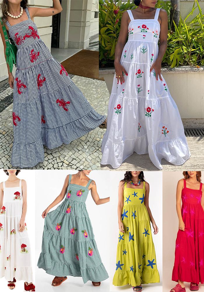Robe de Plage à Bretelles Plissée Brodée pour Femmes