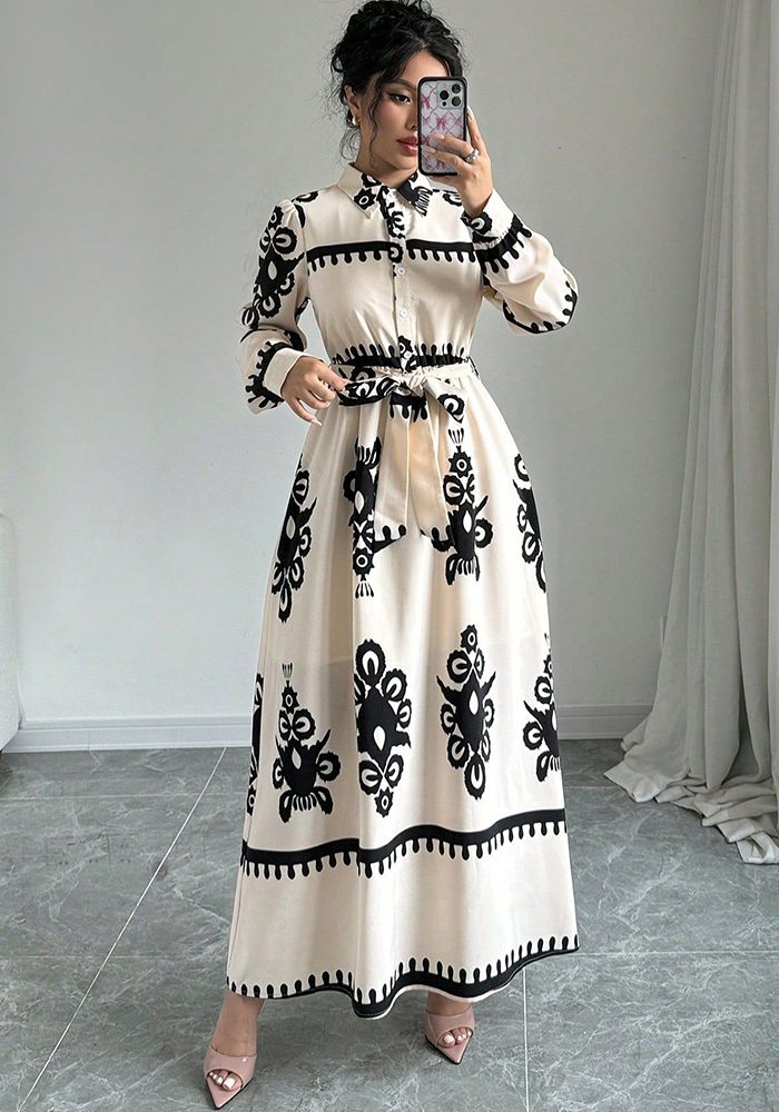 Robe Boutonnée Chic Contrast Printemps Automne Femme