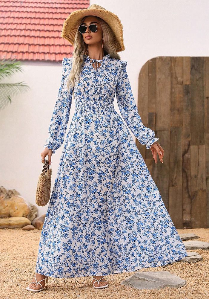 Robe florale à manches longues et taille fine pour femmes automne hiver