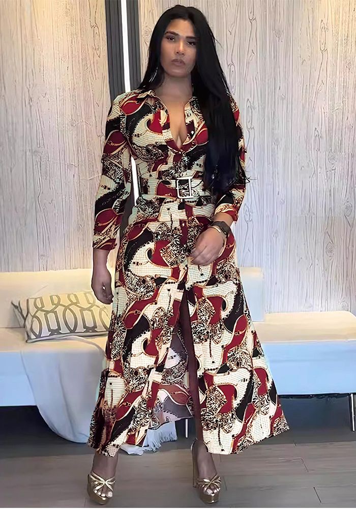Robe Maxi Femme Imprimée Style Boutonné avec Fente Latérale