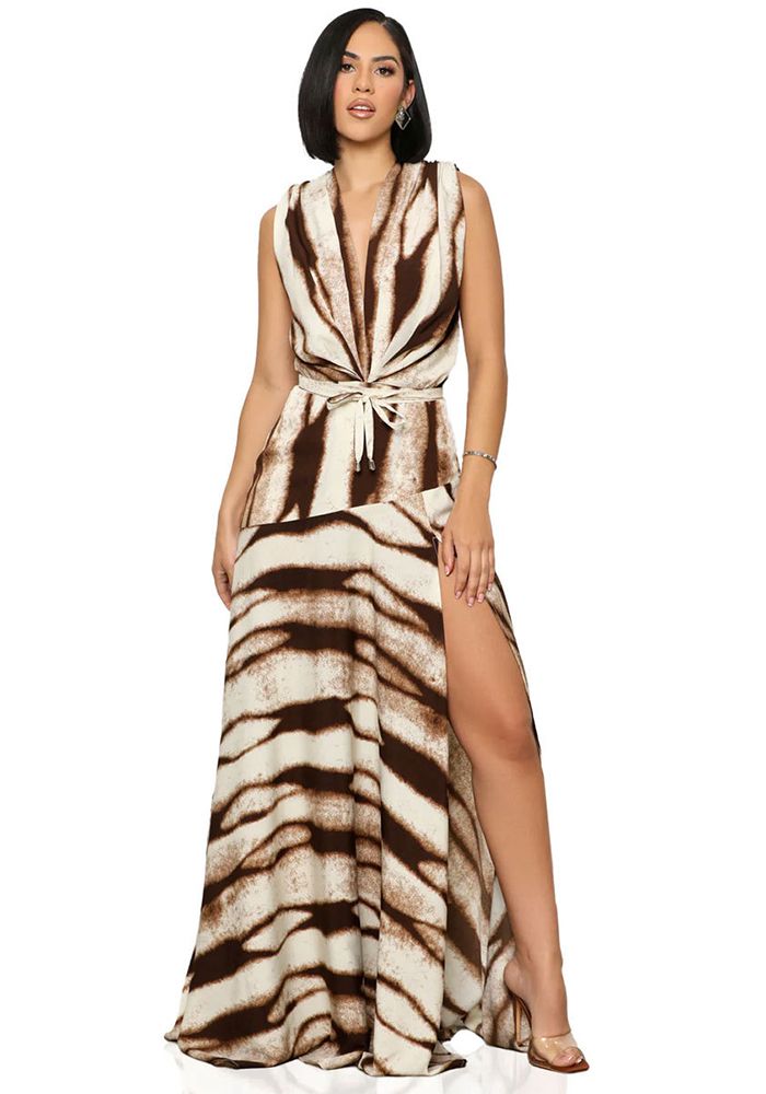 Robe longue sans manches à imprimé et décolleté en V pour femmes