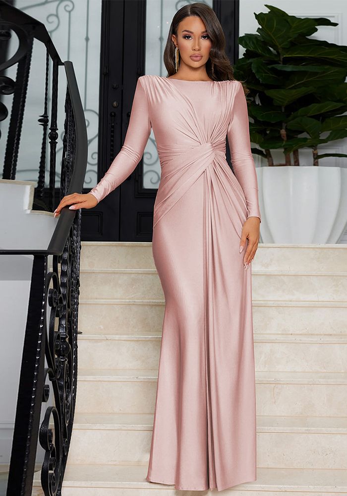 Robe de Soirée Longue à Manches Longues Slim à Col Rond Chic Automne Femme