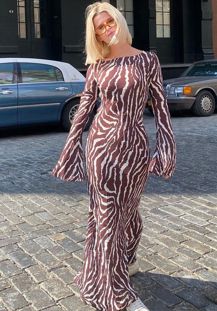 Robe Maxi Imprimée à Manches Longues en Tulle Bohémien pour Femmes