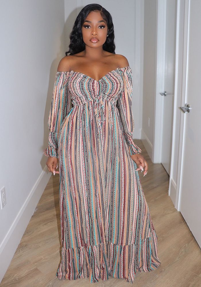Robe maxi rayée décontractée à manches longues et épaules nues pour femmes automne hiver