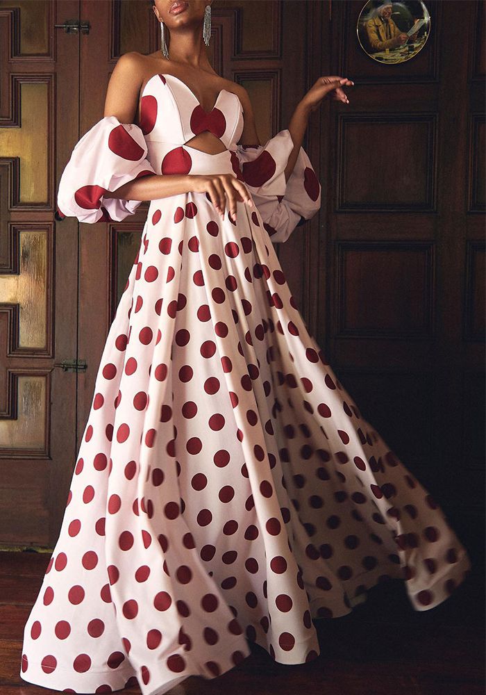 Robe longue femme à manches bouffantes et à pois en os de poisson