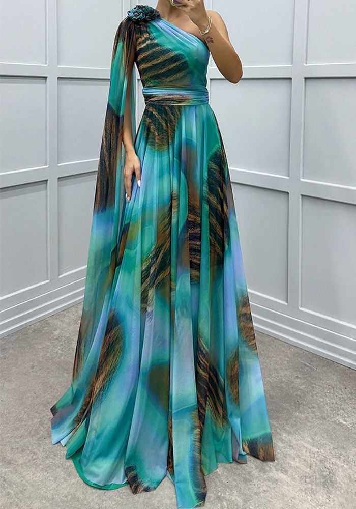 Robe Femme Décontractée en Chiffon Imprimé à Épaule Dégagée