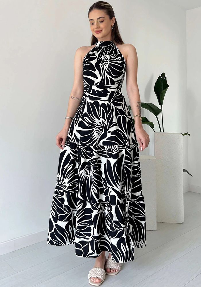 Robe Longue A-Ligne Chic Imprimé Sans Manches pour Femmes