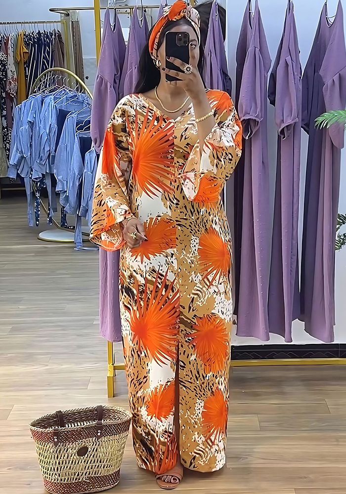 Robe Longue Décontractée Ample à Manches Longues et Fente Imprimée Mode