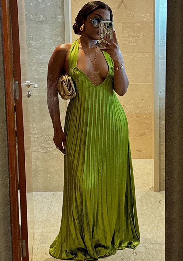 Robe plissée dos nu à col halter pour femmes automne