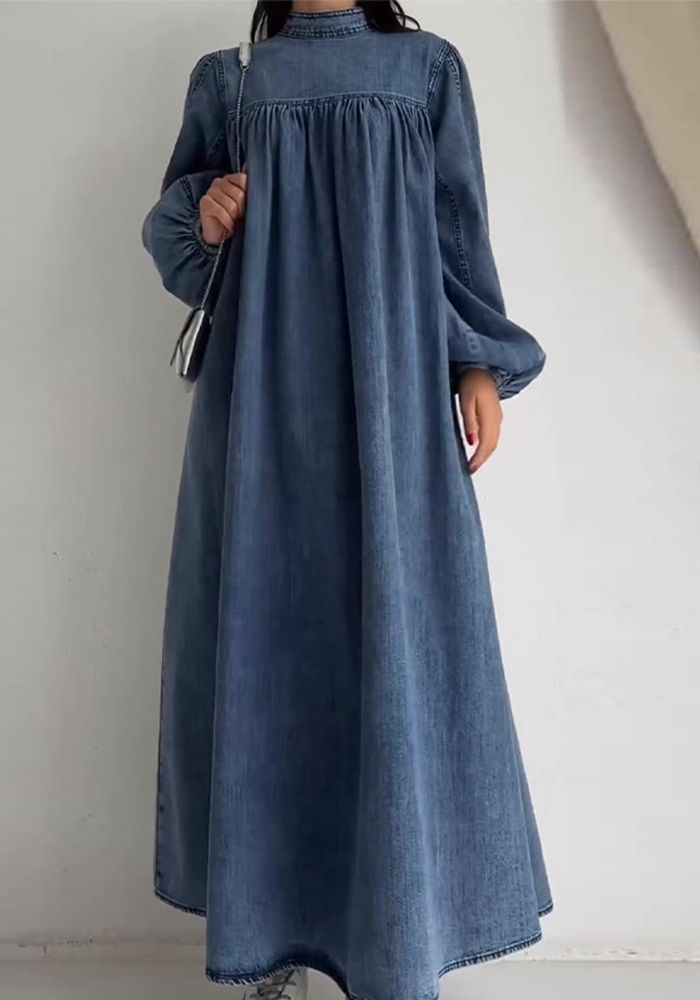 Robe en denim décontractée pour femmes à col rond, manches longues et coupe ample pour l'automne